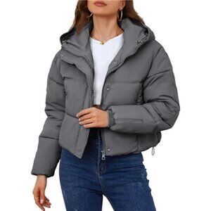 Womens Cropped Puffer Jacket Hooded Zip Up Grey